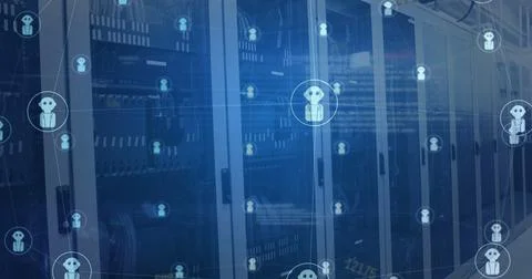 Image of grid network of chatbot icons rotating over computer server room Stock Photos