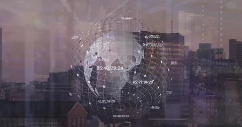 Image of grid pattern and changing numbers around globe over aerial view of Stock Photos