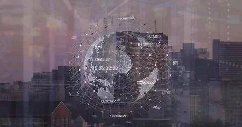 Image of grid pattern and changing numbers around globe over aerial view of Stock Photos