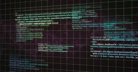 Image of grid pattern and computer language over black background イラスト素材