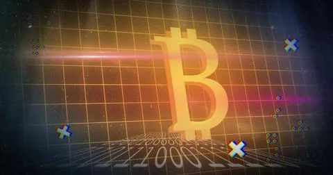 Image of grid pattern, binary codes and bitcoin illuminated symbol over black Stockfoto's