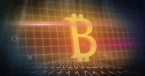 Image of grid pattern, binary codes and bitcoin illuminated symbol over black 写真素材