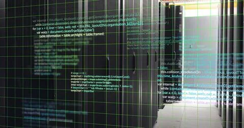 Image of grid pattern over computer language against server room in background Stock-Illustration