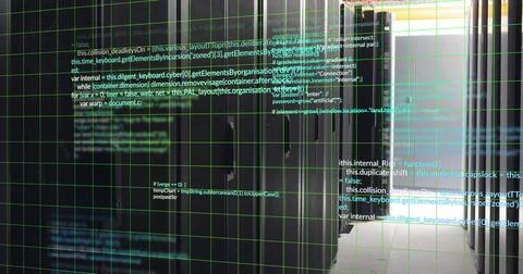 Image of grid pattern over computer language against server room in background Stock Photos