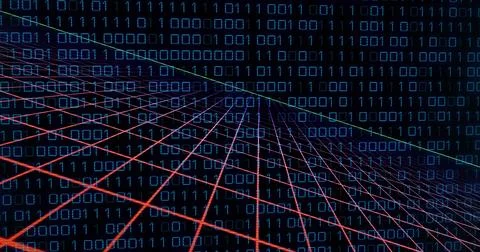 Image of grid pattern over looping binary codes against black background Stock Illustration