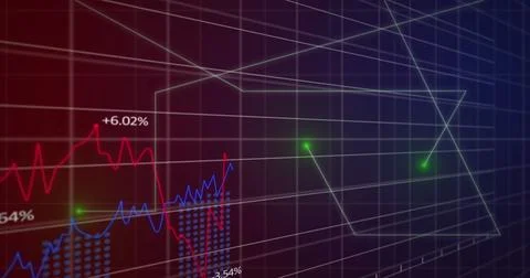Image of grid pattern over moving lines and multiple graphs with numbers on Stock Photos