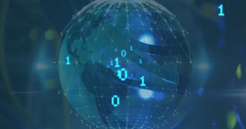 Image of grid patterned globe with binary codes against abstract background Illustrazione stock