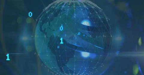 Image of grid patterned globe with binary codes against abstract background Stock Illustration