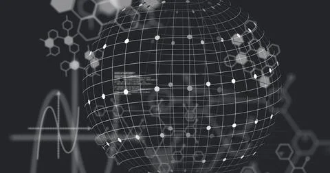 Image of grid patterned globe over computer language, molecule structures on Foto stock