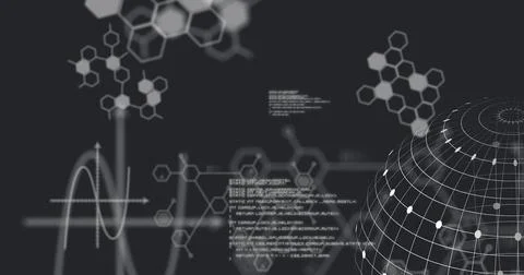 Image of grid patterned globe over computer language, molecule structures on Foto stock