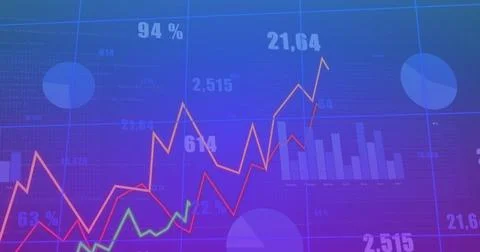 Image of growing graph over changing numbers and multiple graphs on blue Stock Illustration