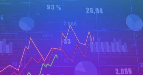 Image of growing graph over changing numbers and multiple graphs on blue Stock Photos