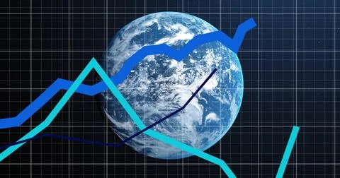 Image of growing graphs, grid pattern and globe over black background 스톡 일러스트