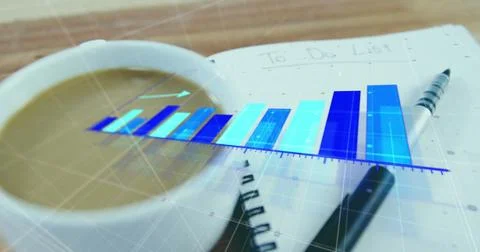 Image of growing graphs over coffee and pen on to do list in notepad on wooden Stock Illustration