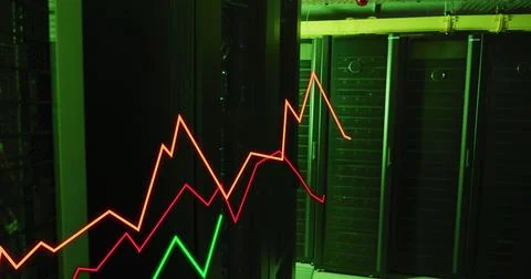 Image of growing graphs over illuminated data server systems in server room Illustrazione stock