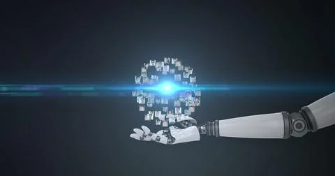 Image of growing network of people over hand of robot arm, with moving light on Illustrazione stock