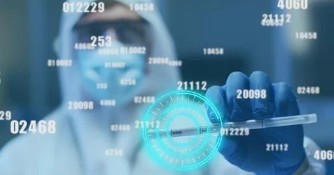 Image of growing numbers and scope scanning over caucasian doctor holding Foto stock