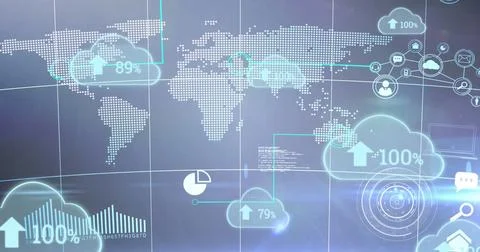Image of growing numbers, data processing and world map over black background Illustrazione stock