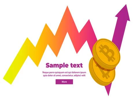 Image of a growth gradient yellow-orange-pink-purple arrow with a bitcoin icon Stock Illustration