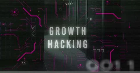 Image of growth hacking and binary codes against server room in background Stock Photos