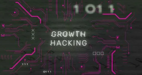 Image of growth hacking text and data processing over computer motherboard Illustrazione stock