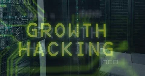 Image of growth hacking text and data processing over server room Stock Photos