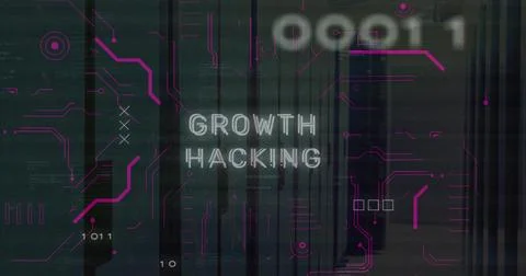 Image of growth hacking text and binary codes over computer language on server Stock Photos