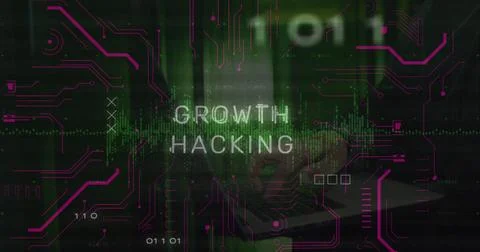Image of growth hacking text and data processing over hacker using laptop Stock Photos