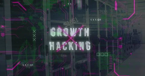 Image of growth hacking text, changing numbers, binary codes, computer language 스톡 사진