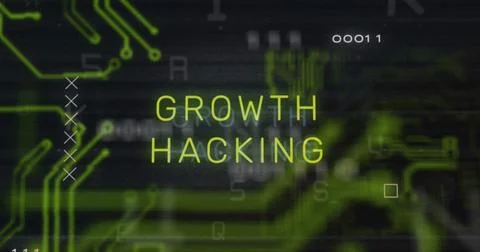 Image of growth hacking text over data processing and computer circuit board on Illustrazione stock
