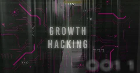 Image of growth hacking text over data processing and server room Illustrazione stock