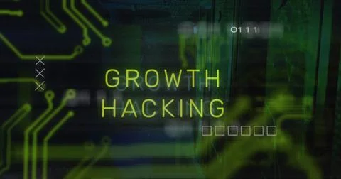 Image of growth hacking text over data processing and server room Stock Illustration