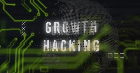 Image of growth hacking text over motherboard and processing data on black 스톡 사진
