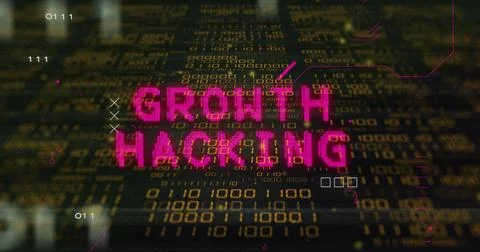 Image of growth hacking text over network and processing data on black 스톡 사진