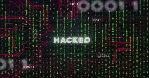 Image of hacked text and binary coding data processing over circuit board Stock Photos