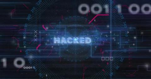 Image of hacked text and data processing over circuit board Stock Photos