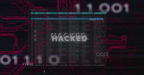 Image of hacked text and data processing over computer motherboard Stock Photos