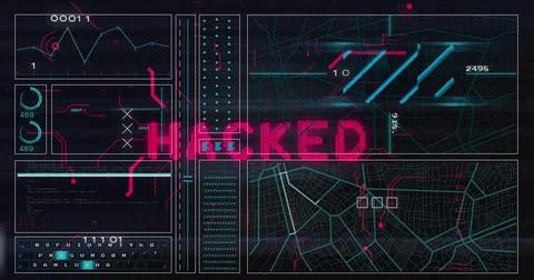 Image of hacked text and data processing on black background Stock Photos