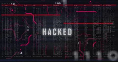 Image of hacked text and digital data processing over black background Illustrazione stock