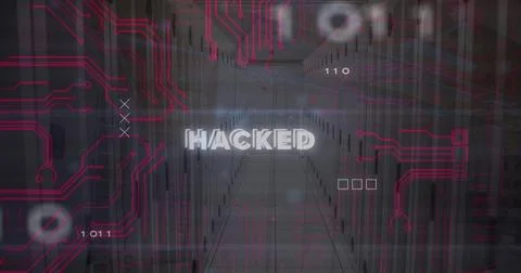 Image of hacked text with binary codes over snowfall against server room in Foto stock