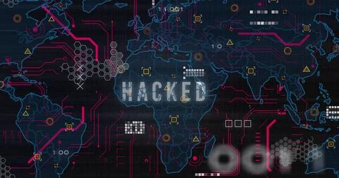 Image of hacked text in circuit board pattern over map and binary codes on black Stock Illustration