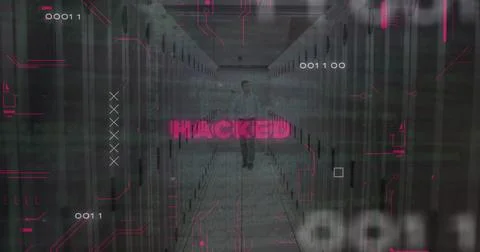 Image hacked text, computer language, caucasian male engineer inspecting server 스톡 사진