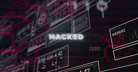 Image of hacked text, hud interfaces, binary codes, circuit board texture over Foto stock