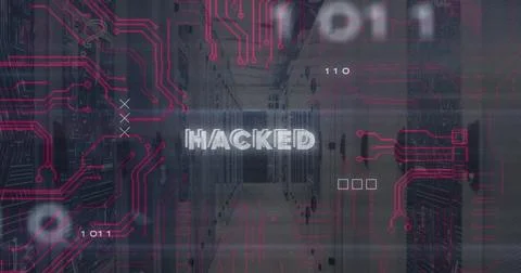 Image of hacked text over computer servers and data processing Foto stock