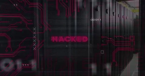 Image of hacked text over data processing and server room Illustrazione stock
