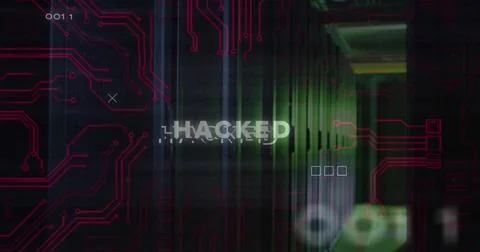 Image of hacked text over data processing and server room Stock Illustration