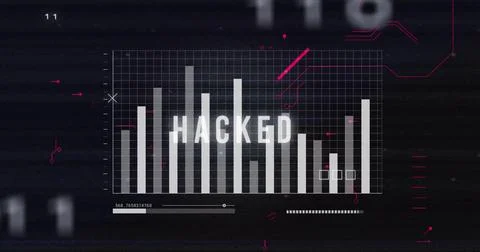 Image of hacked text over digital data processing on black background Foto stock