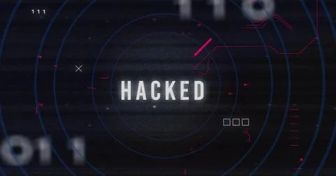 Image of hacked text over network and processing data on black background Stock Photos