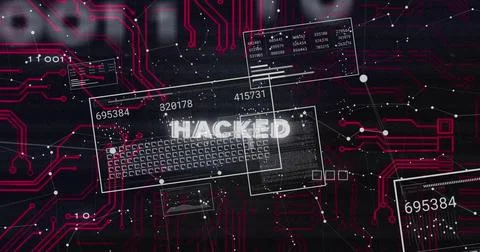 Image of hacked text over processing data on interface screens over night sky 스톡 일러스트