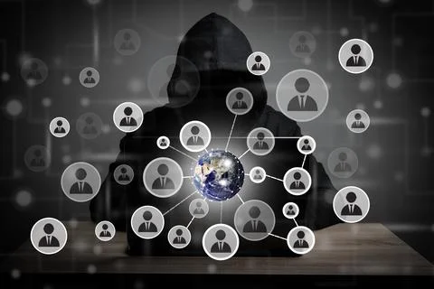 Image of hacker man with people icon and code around on screen. Stock Photos